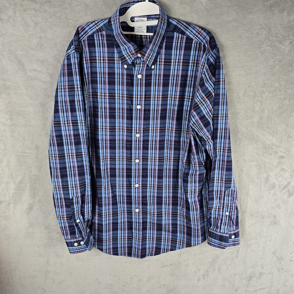 Brooks Brothers Shirt Large Medium Blue Plaid Regent Comfort Casual Cotton